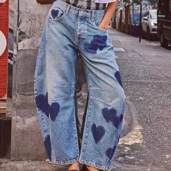 Heart Contrast Wide Leg Boyfriend Barrel Jeans Pants - Picture 1 of 3